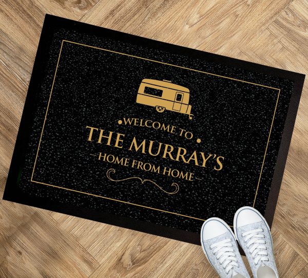 Personalised Static Caravan, Log Cabin Holiday Home Gold text - printed Door mat 60 x 40cm 151