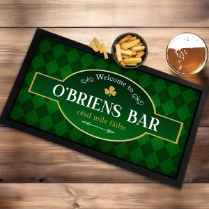 Personalised Irish Bar Mat | Green diamond check | St Patricks Day decor | céad míle fáilte bar runner, home bar accessories