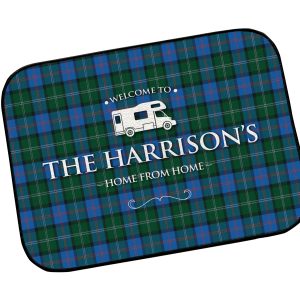 Personalised Campervan Door Mat - Blue tartan 44cm x 32cm